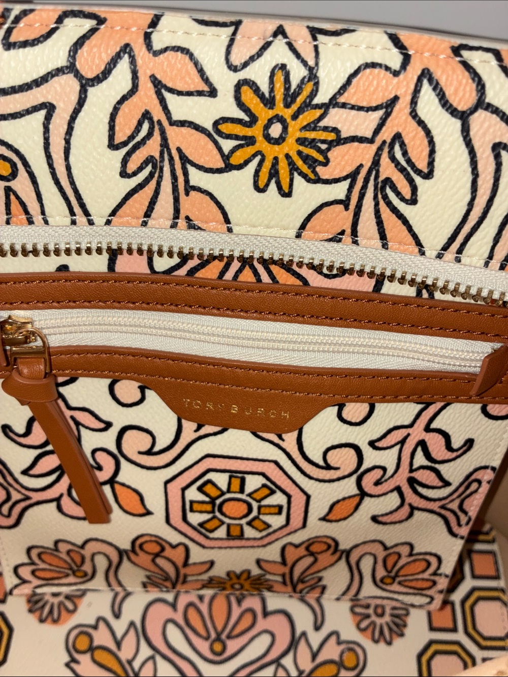 Tory Burch Cream Floral & Geometric Tote with Tan Trim - Picture 8 of 8